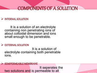 COMPONENTS OF A SOLUTION
 INTERNALSOLUTION
It is a solution of an electrolyte
containing non penetrating ions of
about colloidal dimension and ions
small enough to be penetrable.
 EXTERNALSOLUTION
It is a solution of
electrolyte containing both penetrable
ions.
 SEMIPERMEABLEMEMBRANE
It seperates the
two solutions and is permeable to all
 