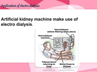 Application of electro dialysis:
Artificial kidney machine make use of
electro dialysis.
 