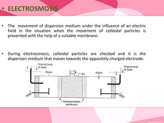 • ELECTROSMOSIS
• The movement of dispersion medium under the influence of an electric
field in the situation when the movement of colloidal particles is
prevented with the help of a suitable membrane.
• During electrosmosis, colloidal particles are checked and it is the
dispersion medium that moves towards the oppositely charged electrode.
 