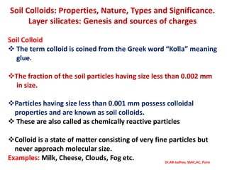 Soil Colloids: Properties, Nature, Types and Significance.
Layer silicates: Genesis and sources of charges
Soil Colloid
 The term colloid is coined from the Greek word “Kolla” meaning
glue.
The fraction of the soil particles having size less than 0.002 mm
in size.
Particles having size less than 0.001 mm possess colloidal
properties and are known as soil colloids.
 These are also called as chemically reactive particles
Colloid is a state of matter consisting of very fine particles but
never approach molecular size.
Examples: Milk, Cheese, Clouds, Fog etc. Dr.AB Jadhav, SSAC,AC, Pune
 