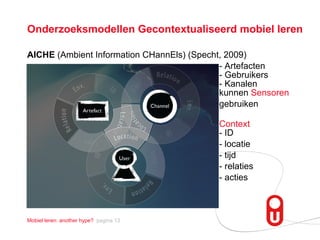Onderzoeksmodellen Gecontextualiseerd mobiel leren <ul><li>AICHE  (Ambient Information CHannEls)  (Specht, 2009) </li></ul...