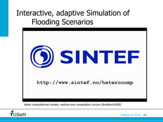 14Challenge the future
Interactive, adaptive Simulation of
Flooding Scenarios
better computational models, medium-size computation horizon [Brodtkorb2009]
 