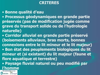 CRITERES  Bonne qualité d’eau Processus géodynamiques en grande partie préservés (pas de modification jugée comme grave du transport solide ou de l’hydrologie naturelle) Corridor alluvial en grande partie préservé (boisements alluviaux, bras morts, bonnes connexions entre le lit mineur et le lit majeur) Bon état des peuplements biologiques du lit mineur et (si existant) du lit majeur (faune et flore aquatique et terrestre) Paysage fluvial naturel ou peu modifié par l’homme 