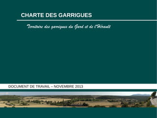 CHARTE DES GARRIGUES
Territoire des garrigues du Gard et de l'Hérault

DOCUMENT DE TRAVAIL – NOVEMBRE 2013

 