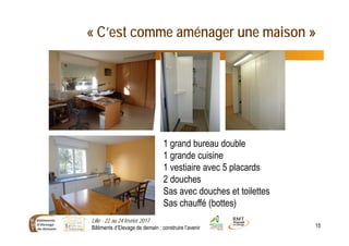 « C’est comme aménager une maison »
Lille - 22 au 24 février 2017
Bâtiments d’Elevage de demain : construire l’avenir 15
1 grand bureau double
1 grande cuisine
1 vestiaire avec 5 placards
2 douches
Sas avec douches et toilettes
Sas chauffé (bottes)
 