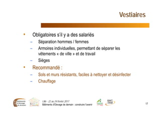 Vestiaires
• Obligatoires s’il y a des salariés
– Séparation hommes / femmes
– Armoires individuelles, permettant de séparer les
vêtements « de ville » et de travail
– Sièges
• Recommandé :
– Sols et murs résistants, faciles à nettoyer et désinfecter
– Chauffage
Lille - 22 au 24 février 2017
Bâtiments d’Elevage de demain : construire l’avenir 17
 