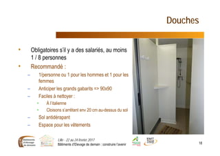 Douches
• Obligatoires s’il y a des salariés, au moins
1 / 8 personnes
• Recommandé :
– 1/personne ou 1 pour les hommes et 1 pour les
femmes
– Anticiper les grands gabarits => 90x90
– Faciles à nettoyer :
• À l’italienne
• Cloisons s’arrêtant env 20 cm au-dessus du sol
– Sol antidérapant
– Espace pour les vêtements
Lille - 22 au 24 février 2017
Bâtiments d’Elevage de demain : construire l’avenir 18
 