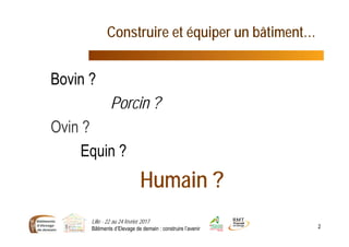 Construire et équiper un bâtiment…
Bovin ?
Porcin ?
Ovin ?
Equin ?
Humain ?
Lille - 22 au 24 février 2017
Bâtiments d’Elevage de demain : construire l’avenir 2
 