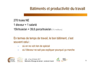 Bâtiments et productivité du travail
Lille - 22 au 24 février 2017
Bâtiments d’Elevage de demain : construire l’avenir 6
270 truies NE
1 éleveur + 1 salarié
15h/truie/an + 39,6 porcs/truie/an(1% meilleurs)
En termes de temps de travail, le bon bâtiment, c’est
souvent celui :
– où on ne voit rien de spécial
– où l’éleveur ne sait pas expliquer pourquoi ça marche
 