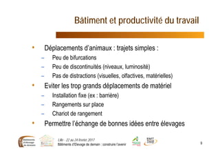 Bâtiment et productivité du travail
• Déplacements d’animaux : trajets simples :
– Peu de bifurcations
– Peu de discontinuités (niveaux, luminosité)
– Pas de distractions (visuelles, olfactives, matérielles)
• Eviter les trop grands déplacements de matériel
– Installation fixe (ex : barrière)
– Rangements sur place
– Chariot de rangement
• Permettre l’échange de bonnes idées entre élevages
Lille - 22 au 24 février 2017
Bâtiments d’Elevage de demain : construire l’avenir 9
 