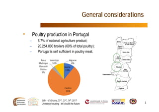 Lille – February 22nd, 23rd, 24th 2017
Livestock housing : let’s build the future 3
General considerations
• Poultry production in Portugal
– 6,7% of national agriculture product;
– 20.254.000 broilers (60% of total poultry);
– Portugal is self sufficient in poultry meat.
 