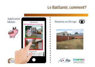 Le BatiSanté, comment?
12
Situation en élevage
Application
Mobile
Afin que chacun respecte la marche
en avant instaurée dans et autour de
l’élevage, il faut indiquer les limites
Non concerné
Biosécurité
 
