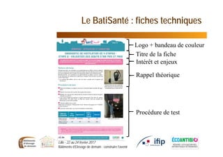 Le BatiSanté : fiches techniques
Logo + bandeau de couleur
Titre de la fiche
Intérêt et enjeux
Rappel théorique
Procédure de test
Lille - 22 au 24 février 2017
Bâtiments d’Elevage de demain : construire l’avenir
 