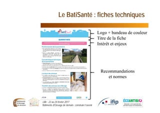 Le BatiSanté : fiches techniques
Logo + bandeau de couleur
Titre de la fiche
Intérêt et enjeux
Recommandations
et normes
Lille - 22 au 24 février 2017
Bâtiments d’Elevage de demain : construire l’avenir
 