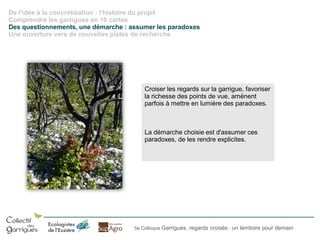De l'idée à la concrétisation : l'histoire du projet
Comprendre les garrigues en 10 cartes
Des questionnements, une démarche : assumer les paradoxes
Une ouverture vers de nouvelles pistes de recherche

Croiser les regards sur la garrigue, favoriser
la richesse des points de vue, amènent
parfois à mettre en lumière des paradoxes.

La démarche choisie est d'assumer ces
paradoxes, de les rendre explicites.

5e Colloque Garrigues, regards croisés : un territoire pour demain

 
