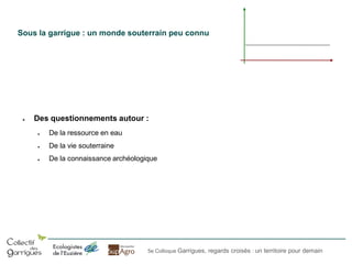 Sous la garrigue : un monde souterrain peu connu

●

Des questionnements autour :
●

De la ressource en eau

●

De la vie souterraine

●

De la connaissance archéologique

5e Colloque Garrigues, regards croisés : un territoire pour demain

 