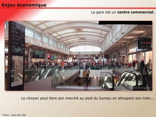 Enjeu économique Le citoyen peut faire son marché au pied du bureau en attrapant son train... La gare est un  centre commercial . * Paris - Gare de L’Est 