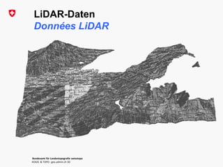 Bundesamt für Landestopografie swisstopo
KOGIS & TOPO : geo.admin.ch 3D
LiDAR-Daten
Données LiDAR
Bundesamt für Landestopografie swisstopo
KOGIS & TOPO : geo.admin.ch 3D
 