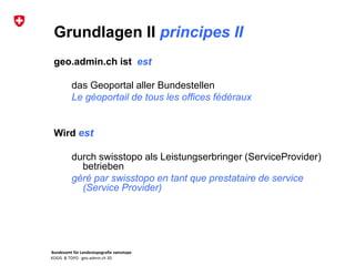 Bundesamt für Landestopografie swisstopo
KOGIS & TOPO : geo.admin.ch 3D
Grundlagen II principes II
geo.admin.ch ist est
das Geoportal aller Bundestellen
Le géoportail de tous les offices fédéraux
Wird est
durch swisstopo als Leistungserbringer (ServiceProvider)
betrieben
géré par swisstopo en tant que prestataire de service
(Service Provider)
 