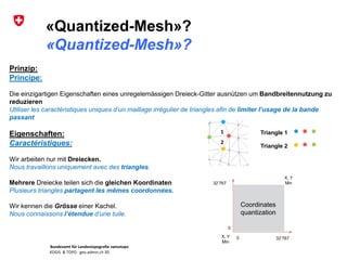 Bundesamt für Landestopografie swisstopo
KOGIS & TOPO : geo.admin.ch 3D
«Quantized-Mesh»?
«Quantized-Mesh»?
Prinzip:
Principe:
Die einzigartigen Eigenschaften eines unregelemässigen Dreieck-Gitter ausnützen um Bandbreitennutzung zu
reduzieren
Utiliser les caractéristiques uniques d’un maillage irrégulier de triangles afin de limiter l’usage de la bande
passant
Eigenschaften:
Caractéristiques:
Wir arbeiten nur mit Dreiecken.
Nous travaillons uniquement avec des triangles.
Mehrere Dreiecke teilen sich die gleichen Koordinaten
Plusieurs triangles partagent les mêmes coordonnées.
Wir kennen die Grösse einer Kachel.
Nous connaissons l’étendue d’une tuile.
1
2
Triangle 1
Triangle 2
32’767
0 32’767
0
Coordinates
quantization
X, Y
Min
X, Y
Min
 