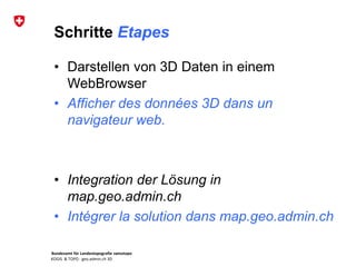 Bundesamt für Landestopografie swisstopo
KOGIS & TOPO : geo.admin.ch 3D
Schritte Etapes
• Darstellen von 3D Daten in einem
WebBrowser
• Afficher des données 3D dans un
navigateur web.
• Integration der Lösung in
map.geo.admin.ch
• Intégrer la solution dans map.geo.admin.ch
 