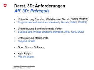 Bundesamt für Landestopografie swisstopo
KOGIS & TOPO : geo.admin.ch 3D
Darst. 3D: Anforderungen
Aff. 3D: Prérequis
• Unterstützung Standard Webdienste ( Terrain, WMS, WMTS)
• Support des web services standard ( Terrain, WMS, WMTS)
• Unterstützung Standardformate Vektor
• Support des formats vecteurs standard (KML, GeoJSON)
• Unterstützung Mobilgeräte
• Support mobile
• Open Source Software
• Kein Plugin
• Pas de plugin
 