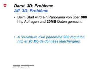 Bundesamt für Landestopografie swisstopo
KOGIS & TOPO : geo.admin.ch 3D
Darst. 3D: Probleme
Aff. 3D: Problème
• Beim Start wird ein Panorama von über 900
http Abfragen und 20MB Daten gemacht
• A l’ouverture d’un panorama 900 requêtes
http et 20 Mo de données téléchargées.
 