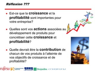 Réflexion ???Est-ce que la croissance et la profitabilité sont importantes pour votre entreprise?Quelles sont vos actions associées au développement de produits pour concrétiser cette croissance et profitabilité?Quelle devrait être la contribution de chacun de vos produits à l’atteinte de vos objectifs de croissance et de profitabilité?
