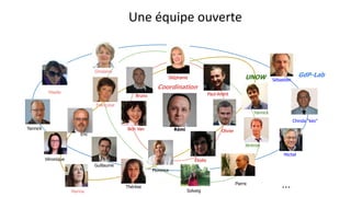 Une équipe ouverte
Rémi
Ghislaine
Bich Van
Paul-André
Élodie
Olivier
Bruno
Françoise
Maelle
…
Yannick
Jérémie
Eric
Pierre
Chinda “keo”
Sébastien
Stéphanie
Thérèse
Guillaume
Solveig
Yannick
Michel
Véronique
Marina
Florence
GdP-Lab
Coordination
UNOW
 
