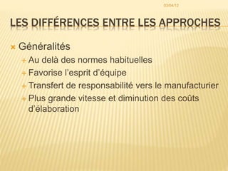 LES DIFFÉRENCES ENTRE LES APPROCHES
 Généralités
 Au delà des normes habituelles
 Favorise l’esprit d’équipe
 Transfert de responsabilité vers le manufacturier
 Plus grande vitesse et diminution des coûts
d’élaboration
03/04/12
 