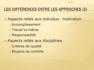 LES DIFFÉRENCES ENTRE LES APPROCHES (2)
 Aspects reliés aux individus : motivation
 Accomplissement
 Travail lui-même
 Responsabilité
 Aspects reliés aux disciplines
 Critères de qualité
 Moyens de contrôle
03/04/12
 
