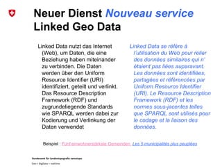 Bundesamt für Landestopografie swisstopo
Geo + BigData + realtime
Neuer Dienst Nouveau service
Linked Geo Data
Linked Data nutzt das Internet
(Web), um Daten, die eine
Beziehung haben miteinander
zu verbinden. Die Daten
werden über den Uniform
Resource Identifier (URI)
identifiziert, geteilt und verlinkt.
Das Resource Description
Framework (RDF) und
zugrundeliegende Standards
wie SPARQL werden dabei zur
Kodierung und Verlinkung der
Daten verwendet
Linked Data se réfère à
l’utilisation du Web pour relier
des données similaires qui n’
étaient pas liées auparavant.
Les données sont identifiées,
partagées et référencées par
Uniform Resource Identifier
(URI). Le Resource Description
Framework (RDF) et les
normes sous-jacentes telles
que SPARQL sont utilisés pour
le codage et la liaison des
données.
Beispiel : Fünf einwohnerstärkste Gemeinden Les 5 municipalités plus peuplées
 