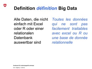 Bundesamt für Landestopografie swisstopo
Geo + BigData + realtime
Definition définition Big Data
Alle Daten, die nicht
einfach mit Excel
oder R oder einer
relationalen
Datenbank
auswertbar sind
Toutes les données
qui ne sont pas
facilement traitables
avec excel ou R ou
une base de donnée
relationnelle
 