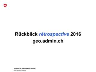 Bundesamt für Landestopografie swisstopo
Geo + BigData + realtime
Rückblick rétrospective 2016
geo.admin.ch
 