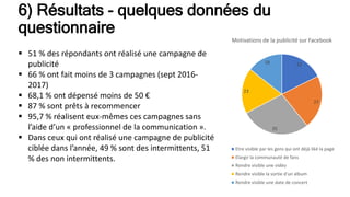 6) Résultats - quelques données du
questionnaire
22
27
35
23
18
Motivations de la publicité sur Facebook
Etre visible par les gens qui ont déjà liké la page
Elargir la communauté de fans
Rendre visible une vidéo
Rendre visible la sortie d'un album
Rendre visible une date de concert
 51 % des répondants ont réalisé une campagne de
publicité
 66 % ont fait moins de 3 campagnes (sept 2016-
2017)
 68,1 % ont dépensé moins de 50 €
 87 % sont prêts à recommencer
 95,7 % réalisent eux-mêmes ces campagnes sans
l’aide d’un « professionnel de la communication ».
 Dans ceux qui ont réalisé une campagne de publicité
ciblée dans l’année, 49 % sont des intermittents, 51
% des non intermittents.
 