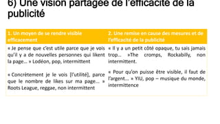 6) Une vision partagée de l’efficacité de la
publicité
1. Un moyen de se rendre visible
efficacement
2. Une remise en cause des mesures et de
l’efficacité de la publicité
« Je pense que c’est utile parce que je vois
qu’il y a de nouvelles personnes qui likent
la page… » Lodéon, pop, intermittent
« Concrètement je le vois [l’utilité], parce
que le nombre de likes sur ma page... »
Roots League, reggae, non intermittent
« Il y a un petit côté opaque, tu sais jamais
trop… »The cromps, Rockabilly, non
intermittent.
« Pour qu’on puisse être visible, il faut de
l’argent... » YIU, pop – musique du monde,
intermittence
 