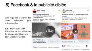 5) Facebook & la publicité ciblée
Outil organisé à partir des
traces collectées puis
ordonnancées.
But : entrer dans le fil
d’actualité de son réseau ou
de nouveaux utilisateurs
pour se rendre visible.
 