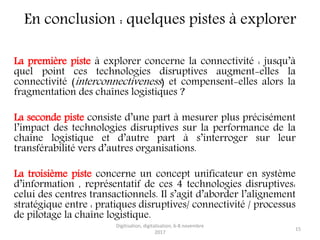 En conclusion : quelques pistes à explorer
La première piste à explorer concerne la connectivité : jusqu’à
quel point ces technologies disruptives augment-elles la
connectivité (interconnectiveness) et compensent-elles alors la
fragmentation des chaînes logistiques ?
La seconde piste consiste d’une part à mesurer plus précisément
l’impact des technologies disruptives sur la performance de la
chaîne logistique et d’autre part à s’interroger sur leur
transférabilité vers d’autres organisations.
La troisième piste concerne un concept unificateur en système
d’information , représentatif de ces 4 technologies disruptives:
celui des centres transactionnels. Il s’agit d’aborder l’alignement
stratégique entre : pratiques disruptives/ connectivité / processus
de pilotage la chaîne logistique.
Digitisation, digitalisation, 6-8 novembre
2017
15
 