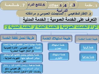 ‫المقدمة‬ ‫الخدمة‬ ‫طبيعة‬:‫الخدمة‬ ‫تكلفة‬ ‫تحمل‬ ‫طريقة‬ ‫الخدمة‬ ‫استهالك‬ ‫طبيعة‬
‫استهالك‬ ‫خدمة‬
‫اختياري‬
‫استهالك‬ ‫خدمة‬
‫إجباري‬
‫العامة‬ ‫الخزينة‬ ‫تكلفتها‬ ‫تتحمل‬ ‫مجانية‬ ‫خدمة‬
‫للدولة‬:‫االمن‬، ‫العمومي‬‫االنارة‬‫العمومية‬
‫كل‬‫اشكال‬‫الحضرية‬ ‫التهيئة‬
‫وبشكل‬ ‫كليا‬ ‫تكلفتها‬ ‫يتحمل‬ ‫بالمقابل‬ ‫خدمة‬
‫منها‬ ‫المستفيد‬ ‫مباشر‬:، ‫المنزلية‬ ‫الكهرباء‬
‫الماء‬ ،‫الغاز‬
‫مدعمة‬ ‫خدمة‬:‫كليا‬ ‫تكلفتها‬ ‫يتحمل‬‫بشكل‬ ‫و‬
‫منها‬ ‫المستفيد‬ ‫مباشر‬:‫سلع‬ ،‫عمومي‬ ‫نقل‬
‫والمالعب‬ ‫للمتحف‬ ‫الدخول‬ ‫تذكرة‬ ،‫وخدمات‬،
‫فردية‬ ‫خدمة‬
‫جماعية‬ ‫خدمة‬
‫أنواع‬‫الخدم‬‫ات‬‫العمومية‬(‫العامة‬ ‫الخدمة‬‫او‬‫المدنية‬ ‫الخدمة‬:)
‫على‬ ‫التعرف‬‫العمومية‬ ‫الخدمة‬:‫المدنية‬ ‫الخدمة‬
1.‫مقدمة‬ 1.‫مقدمة‬
2.‫ألمفاهيمي‬ ‫اإلطار‬:‫العمومي‬ ‫المناجمت‬‫و‬‫مرادفاته‬
.3‫الدراس‬ ‫أداة‬ ‫ثبات‬ ‫تقدير‬‫ة‬ 4.‫الدراسة‬ ‫نموذج‬5.‫سونا‬ ‫مؤسسة‬ ‫في‬ ‫التنظيمي‬ ‫التعلم‬ ‫واقع‬‫طراك‬ . 6‫الدراسة‬ ‫نتائج‬
2.‫اإلطار‬‫ا‬‫لمفاهيمي‬:‫المناجم‬‫ن‬‫العمومي‬ ‫ت‬‫و‬‫مرادفاته‬
1.‫مقدمة‬.3‫إسهامات‬‫المحلية‬ ‫الجماعات‬ 4.‫نموذج‬
‫الدراسة‬
5.‫المحلية‬ ‫الجماعات‬ ‫تدخل‬ ‫مجاالت‬: .6‫الدراسة‬ ‫نتائج‬. 7‫خـــاتــمــة‬
 