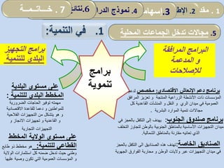 ‫المرافقة‬ ‫البرامج‬
‫المدعمة‬ ‫و‬
‫لإلصالحات‬
‫البلدية‬ ‫مستوى‬ ‫على‬
‫للتنمية‬ ‫البلدي‬ ‫المخطط‬:
‫الضرورية‬ ‫الحاجات‬ ‫توفير‬ ‫مهمته‬
‫للمواطنين‬‫و‬‫االقتصادية‬ ‫للقاعدة‬ ‫دعما‬
‫التجهيزات‬ ‫من‬ ‫يتشكل‬ ‫هو‬ ‫و‬‫الفالحية‬
‫القاعدية‬ ‫و‬‫و‬‫االنجاز‬ ‫تجهيزات‬‫و‬
‫التجارية‬ ‫التجهيزات‬
‫الوالية‬ ‫مستوى‬ ‫على‬‫المخطط‬
‫للتنمية‬ ‫القطاعي‬:‫طاب‬ ‫ذو‬ ‫مخطط‬ ‫هو‬‫ع‬
‫الوال‬ ‫استثمارات‬ ‫كل‬ ‫ضمنه‬ ‫تدخل‬ ‫حيث‬ ‫وطني‬‫ية‬
‫و‬‫عل‬ ‫وصية‬ ‫تكون‬ ‫التي‬ ‫العمومية‬ ‫المؤسسات‬‫يها‬
‫التجهيز‬ ‫برامج‬
‫للتنمي‬ ‫البلدي‬‫ة‬
‫برامج‬
‫تنموية‬ ‫االقتصادي‬ ‫اإلنعاش‬ ‫دعم‬ ‫برنامج‬:‫مخصص‬‫لدعم‬
‫المؤسسات‬‫ذات‬‫المنتج‬ ‫الزراعية‬ ‫األنشطة‬‫ة‬‫الم‬ ‫تعزيز‬ ‫و‬‫رافق‬
‫الري‬ ‫ميدان‬ ‫في‬ ‫العمومية‬‫النقل‬ ‫و‬‫و‬‫القاعدية‬ ‫المنشآت‬‫ك‬‫ل‬
‫مجاالات‬‫البشرية‬ ‫الموارد‬ ‫تنمية‬.
‫الجنوب‬ ‫صندوق‬ ‫برنامج‬:‫ف‬ ‫بالعجز‬ ‫التكفل‬ ‫إلى‬ ‫يهدف‬‫ي‬
‫لتج‬ ‫بالوطن‬ ‫الجنوبية‬ ‫بالمناطق‬ ‫األساسية‬ ‫التجهيزات‬ ‫ميدان‬‫اوز‬‫التخلف‬
‫تعانيه‬ ‫الذي‬‫م‬‫قارنة‬‫الشمالية‬ ‫بالمناطق‬.
‫الخاصة‬ ‫الصناديق‬:‫الصناديق‬ ‫هذه‬ ‫تهدف‬‫الى‬‫بالعج‬ ‫التكفل‬‫ز‬
‫الوطن‬ ‫واليات‬ ‫عبر‬ ‫التجهيزات‬ ‫ميدان‬ ‫في‬‫و‬‫الفوارق‬ ‫محاربة‬‫الج‬‫هوية‬
5.‫المحلية‬ ‫الجماعات‬ ‫تدخل‬ ‫مجاالت‬.1‫التنمية‬ ‫في‬:
1.‫مقدمة‬2.‫ألمفاهيمي‬ ‫اإلطار‬:‫العمومي‬ ‫المناجمت‬‫و‬‫مرادفاته‬ .3‫إسهامات‬‫المحلية‬ ‫الجماعات‬ 4.‫الدراسة‬ ‫نموذج‬.6‫الدراسة‬ ‫نتائج‬. 7‫خـــاتــمــة‬
 