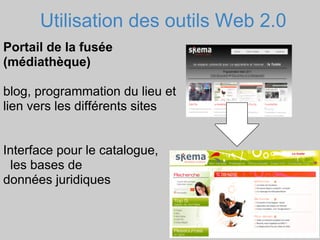 Utilisation des outils Web 2.0
Portail de la fusée
(médiathèque)

blog, programmation du lieu et
lien vers les différents sites


Interface pour le catalogue,
 les bases de
données juridiques
 