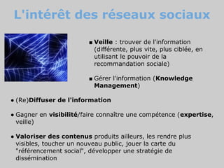 L'intérêt des réseaux sociaux

                         ■ Veille : trouver de l'information
                           (différente, plus vite, plus ciblée, en
                           utilisant le pouvoir de la
                           recommandation sociale)

                         ■ Gérer l'information (Knowledge
                           Management)

● (Re)Diffuser de l'information

● Gagner en visibilité/faire connaître une compétence (expertise,
  veille)

● Valoriser des contenus produits ailleurs, les rendre plus
  visibles, toucher un nouveau public, jouer la carte du
  "référencement social", développer une stratégie de
  dissémination
 