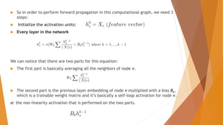  So in order to perform forward propagation in this computational graph, we need 3
steps:
 Initialize the activation units:
 Every layer in the network
We can notice that there are two parts for this equation:
 The first part is basically averaging all the neighbors of node v.
 The second part is the previous layer embedding of node v multiplied with a bias Bk,
which is a trainable weight matrix and it’s basically a self-loop activation for node v.
σ: the non-linearity activation that is performed on the two parts.
 