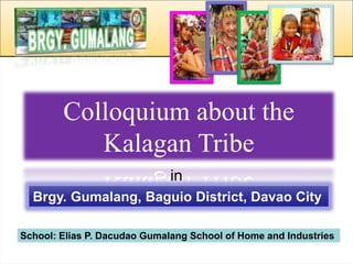 Colloquium about the
Kalagan Tribe
Brgy. Gumalang, Baguio District, Davao City
in
School: Elias P. Dacudao Gumalang School of Home and Industries
 