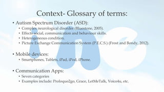 Context- Glossary of terms:
• Autism Spectrum Disorder (ASD):
• Complex neurological disorder (Bluestone, 2005).
• Effects social, communication and behaviour skills.
• Heterogeneous condition.
• Picture Exchange Communication System (P.E.C.S.) (Frost and Bondy, 2012).
• Mobile devices:
• Smartphones, Tablets, iPad, iPod, iPhone.
• Communication Apps:
• Seven categories
• Examples include: Proloquo2go, Grace, LetMeTalk, Voice4u, etc.
 