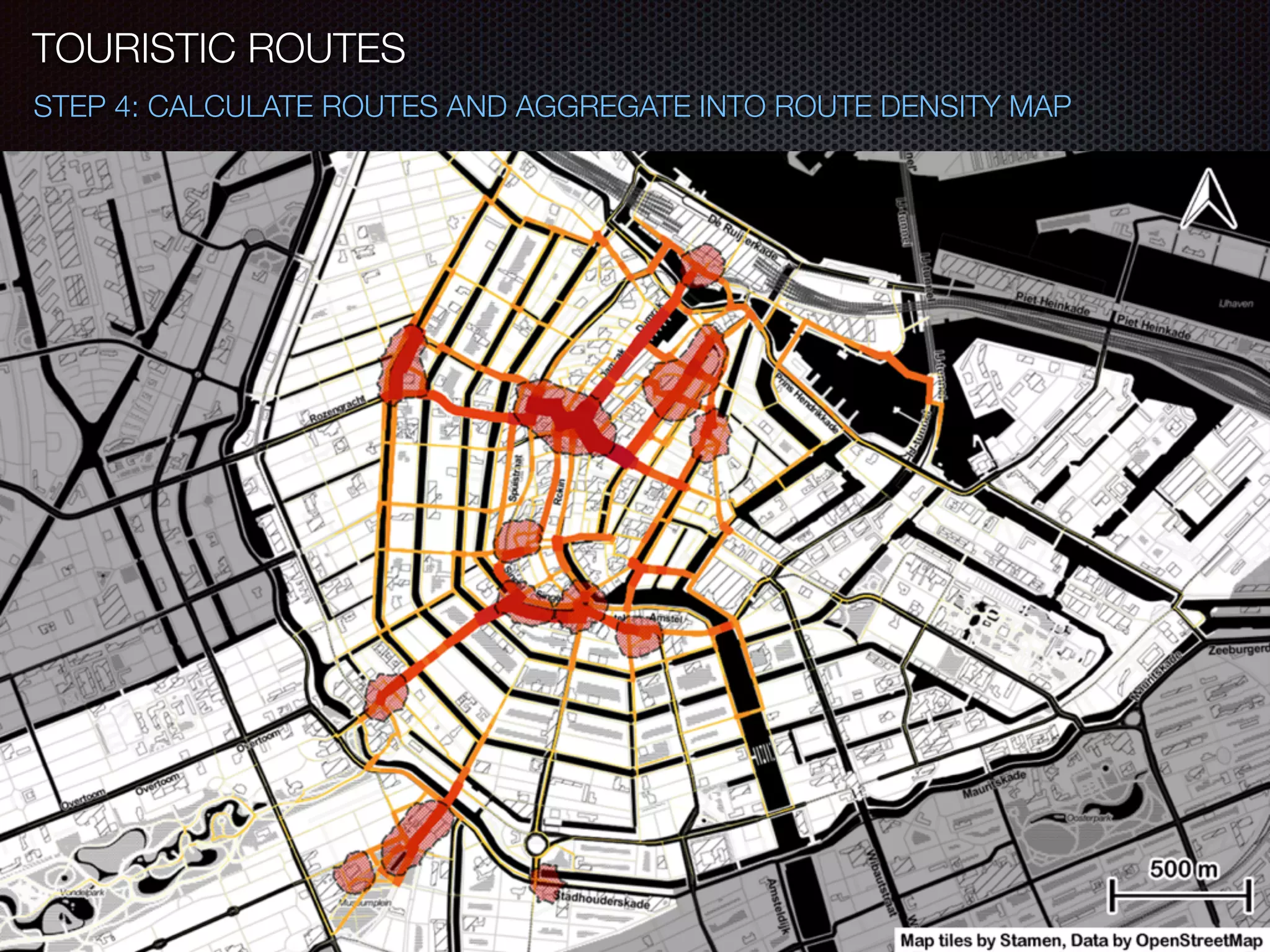 TOURISTIC ROUTES
STEP 4: CALCULATE ROUTES AND AGGREGATE INTO ROUTE DENSITY MAP
1. Calculate route for 6,477 photo pairs with pgRouting
2. Aggregate and count overlaying route segments
3. Visualize touristic route densities
 