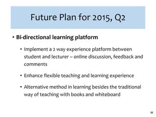 Future Plan for 2015, Q2 
• Bi-directional learning platform 
• Implement a 2 way experience platform between 
student and lecturer – online discussion, feedback and 
comments 
• Enhance flexible teaching and learning experience 
• Alternative method in learning besides the traditional 
way of teaching with books and whiteboard 
32 
 