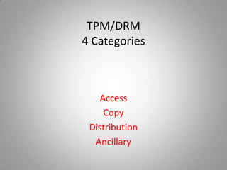 TPM/DRM
4 Categories



    Access
     Copy
 Distribution
  Ancillary
 