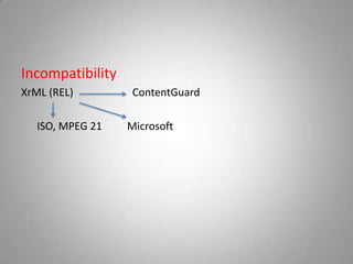 Incompatibility
XrML (REL)         ContentGuard

   ISO, MPEG 21   Microsoft
 