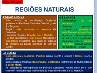 REGIÕES NATURAIS 
LA COSTA 
•Duas planícies costeiras: Pacífico (clima quente e úmido) e Caribe (menos úmido); 
•Belas cid...